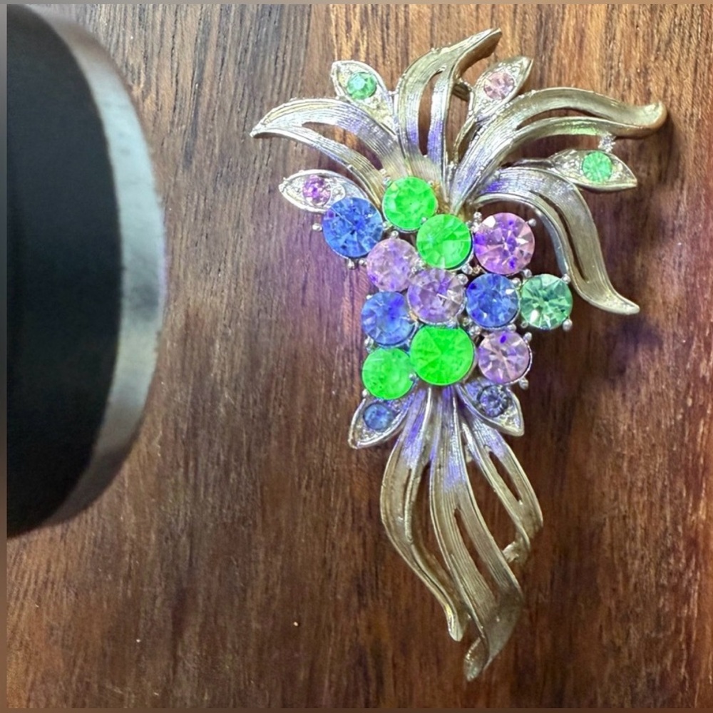VTG Coro Uranium Glass Colorful Rhinestone Brooch Floral Fruit Gold Tone